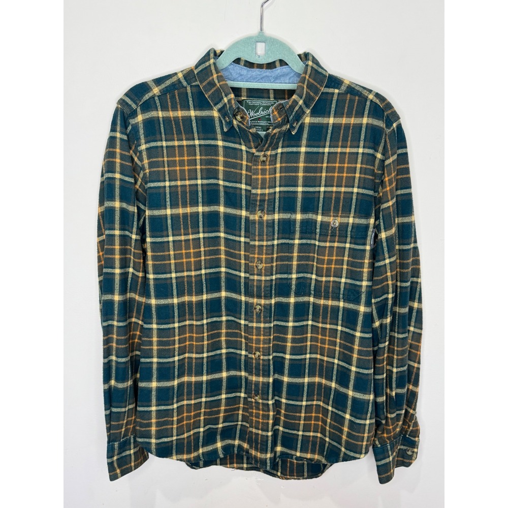 Woolrich Men's Flannel Button Down Shirt Blue Yellow Orange‎ Plaid Sz M